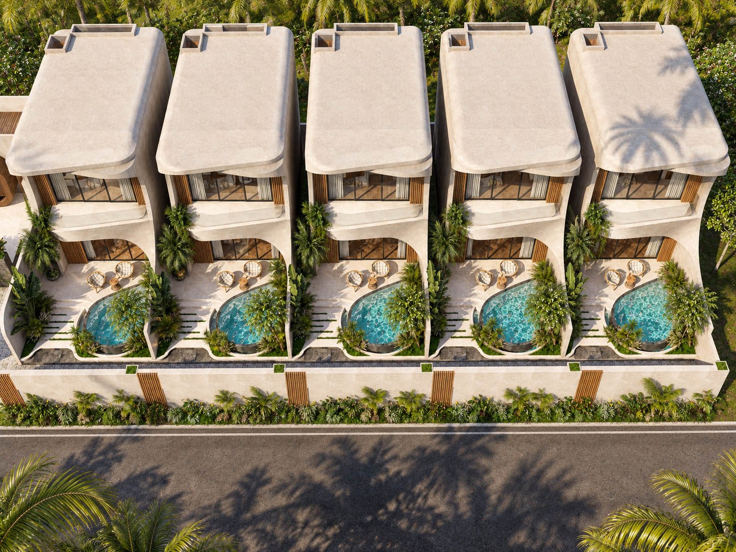 Aerial view of private pools and gardens