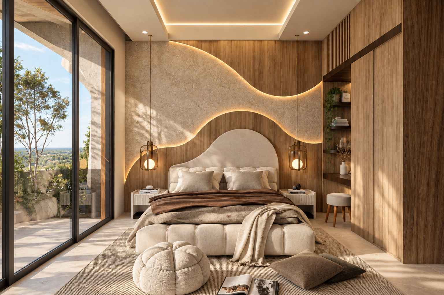 Bedroom opening to tropical greenery