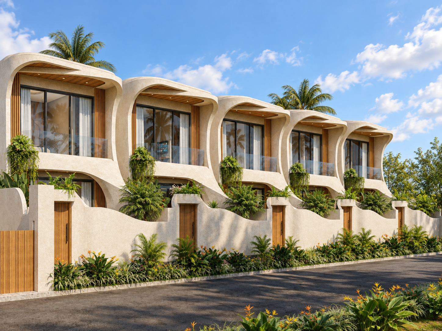 Planted frontage of the villa collection
