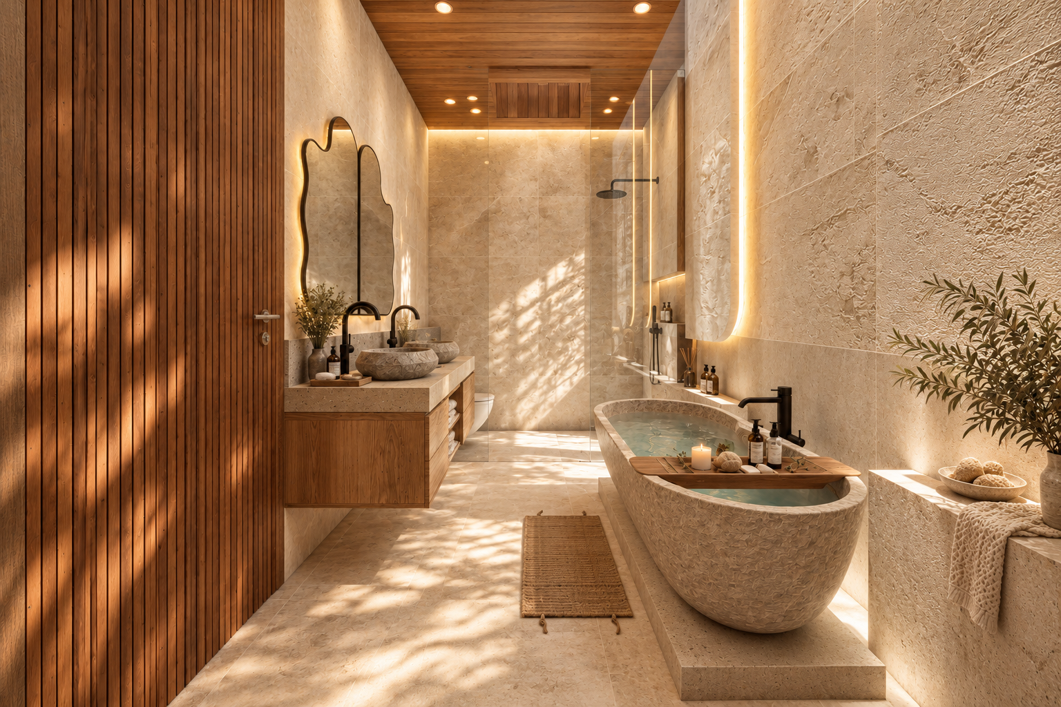 Stone bathroom, view 1