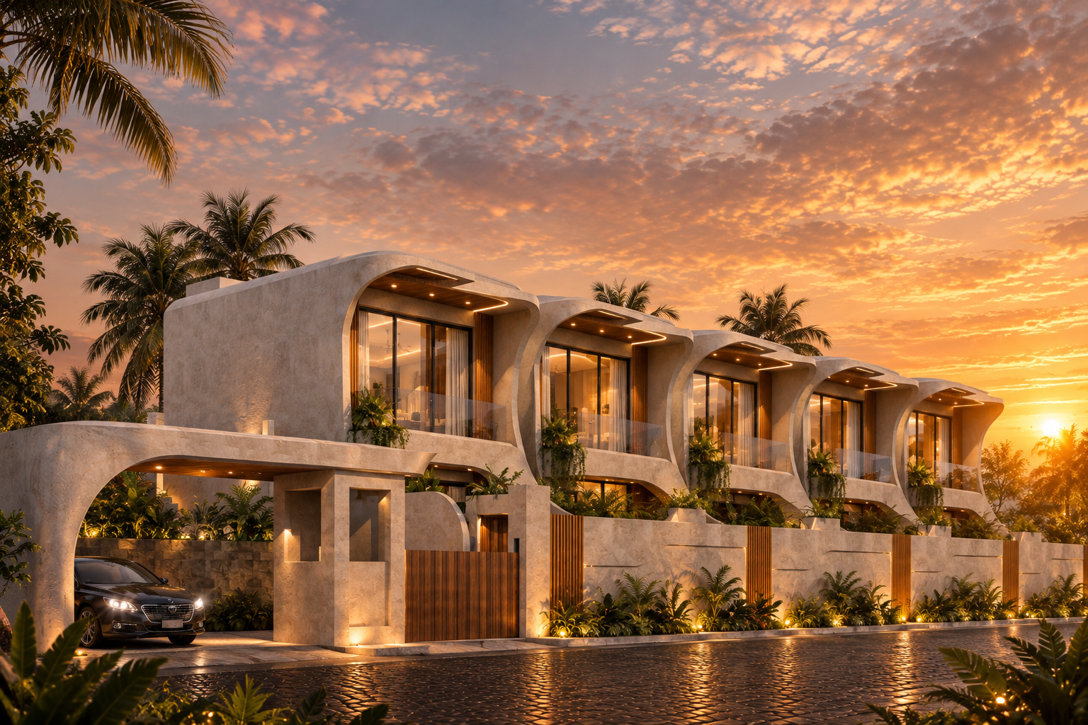 Exterior at sunset, view 1